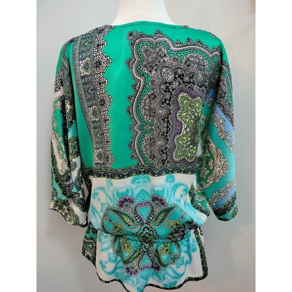 Chicos Top Womens 2 Large Kimono Multi Mixed Print Paisley Blouse 3/4 Sleeve - Picture 2 of 8